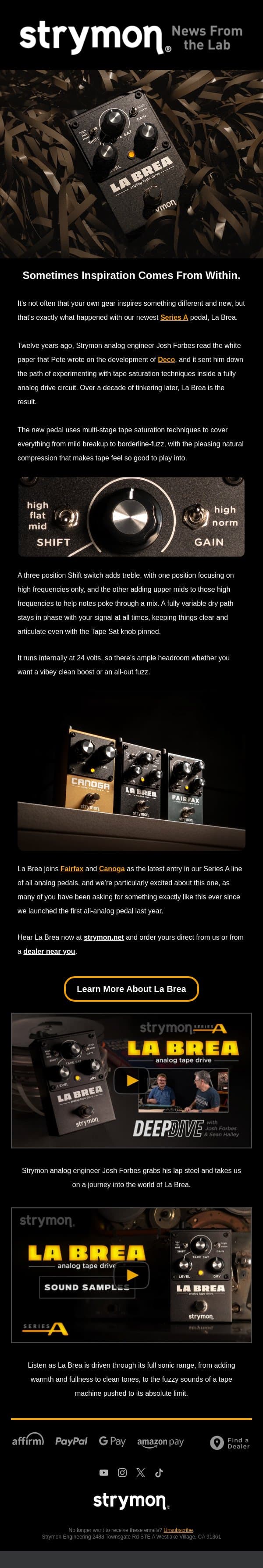 Introducing La Brea Analog Tape Drive email from Strymon screenshot
