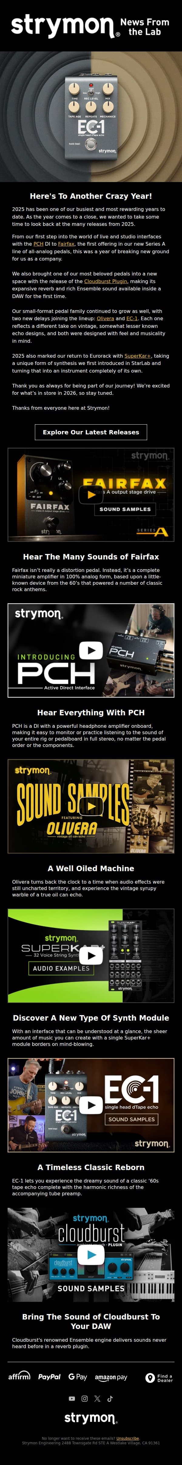 Pedals, Plugins, and More — Looking Back at 2025 email from Strymon screenshot