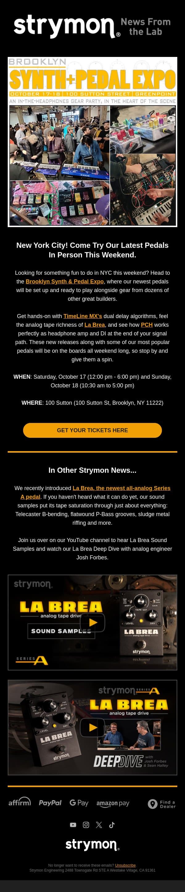 NYC: Hear Our Pedals In Person This Weekend email from Strymon screenshot