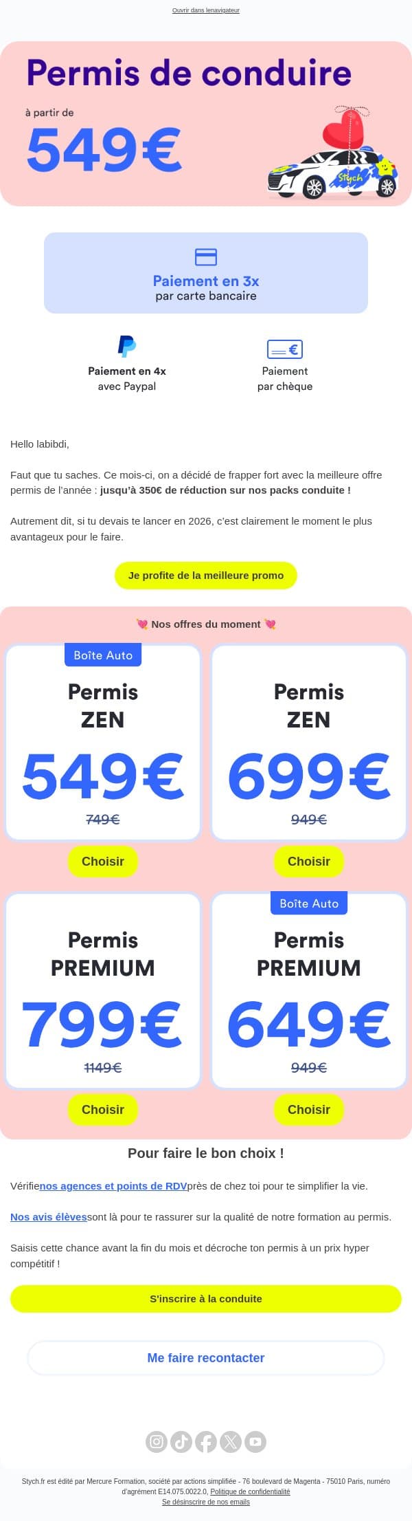 La meilleure offre permis de l’année est là email from Stych screenshot