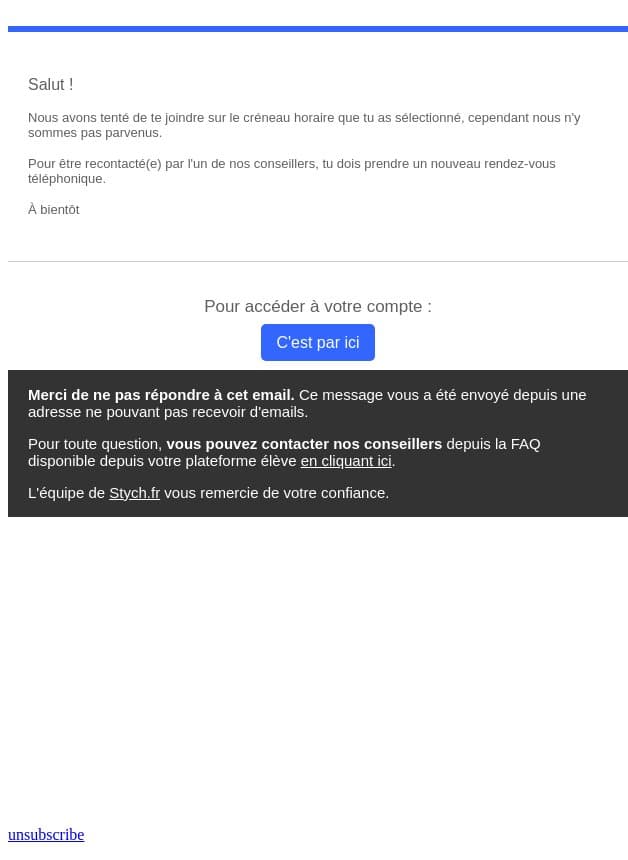 Tu as manqué notre appel email from Stych screenshot
