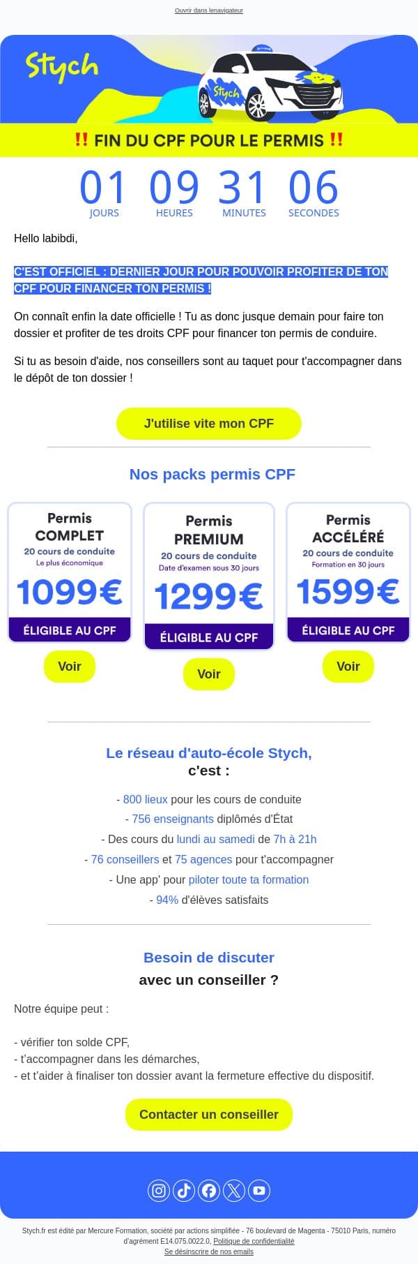 ÇA Y EST, C'EST LA FIN DU CPF email from Stych screenshot