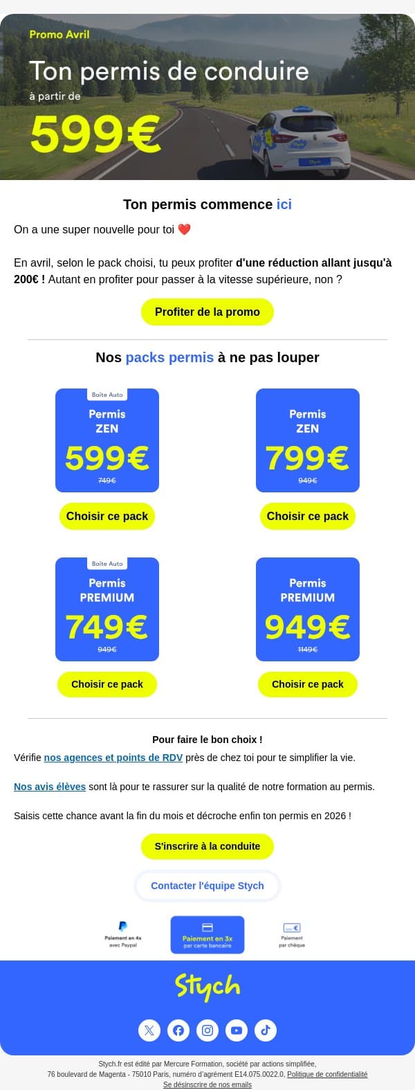 Ton permis à prix réduit jusqu’au 30 avril 🫨 email from Stych screenshot
