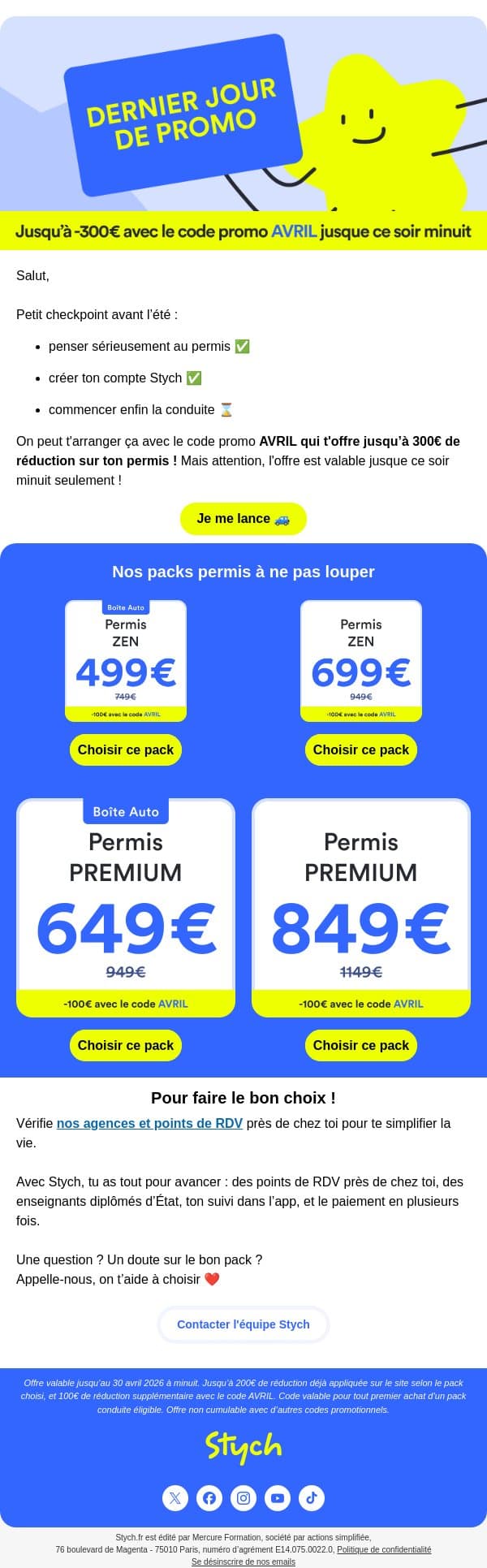 Débloque la conduite avant ce soir minuit ! email from Stych screenshot