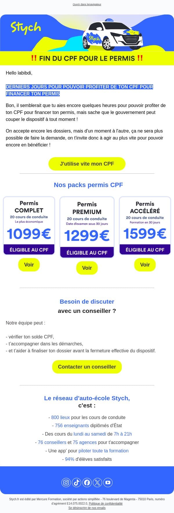 CPF & permis : fais ton dossier avant la fin ! email from Stych screenshot