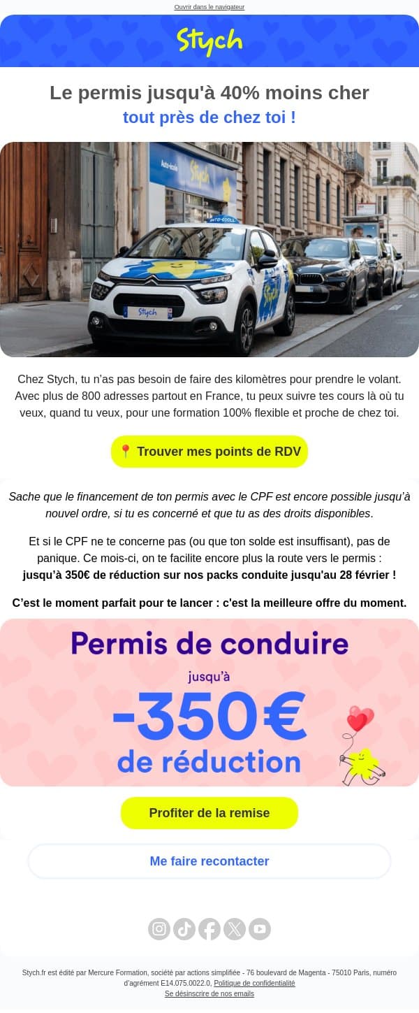 Jusqu’à 40% de réduction sur ton permis ce mois-ci labibdi 🩷 email from Stych screenshot
