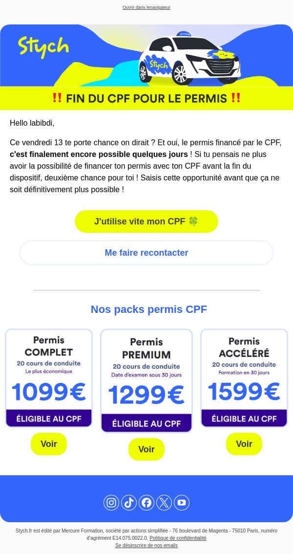 Jour de chance pour toi ? email from Stych screenshot