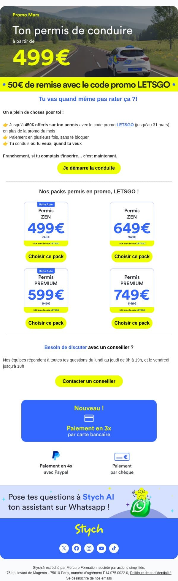 Jusqu'à 450€ de réduction sur ton permis avec le code promo LETSGO email from Stych screenshot