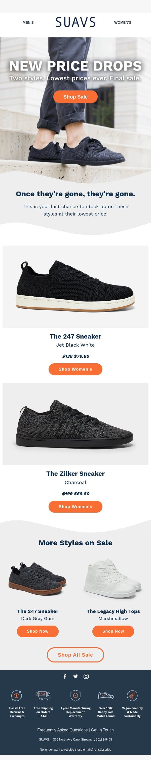 Two styles at their lowest prices... ever. email from SUAVS screenshot