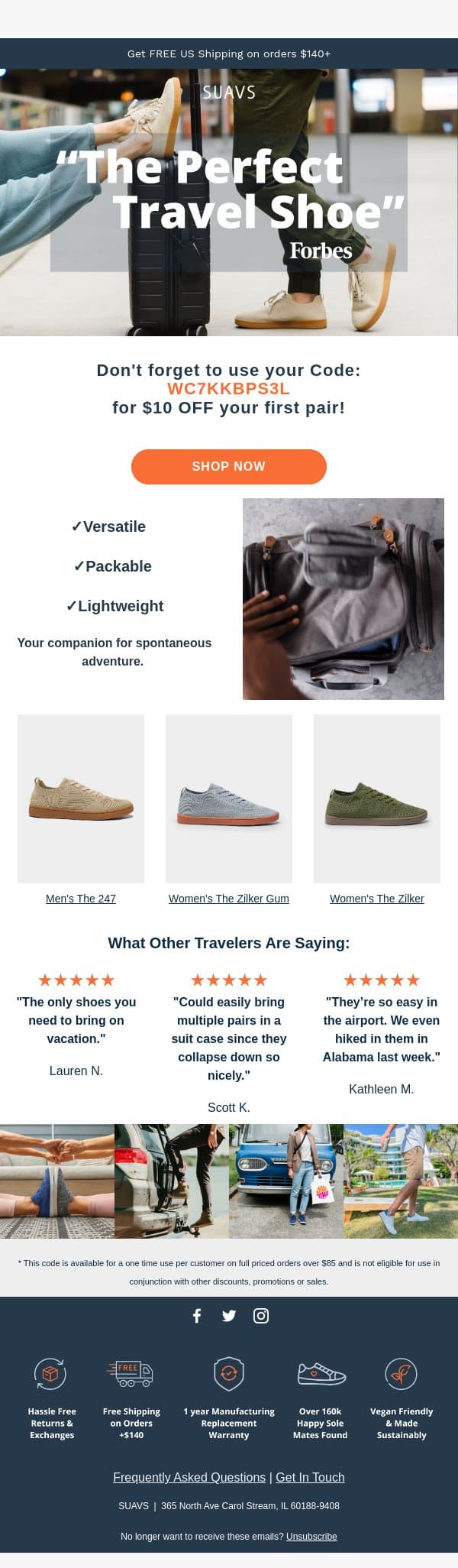 The perfect travel shoe. email from SUAVS screenshot