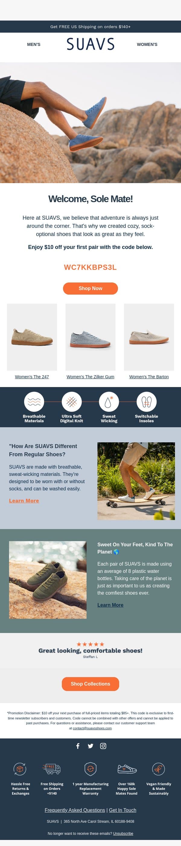 Your $10 OFF Code is inside. email from SUAVS screenshot
