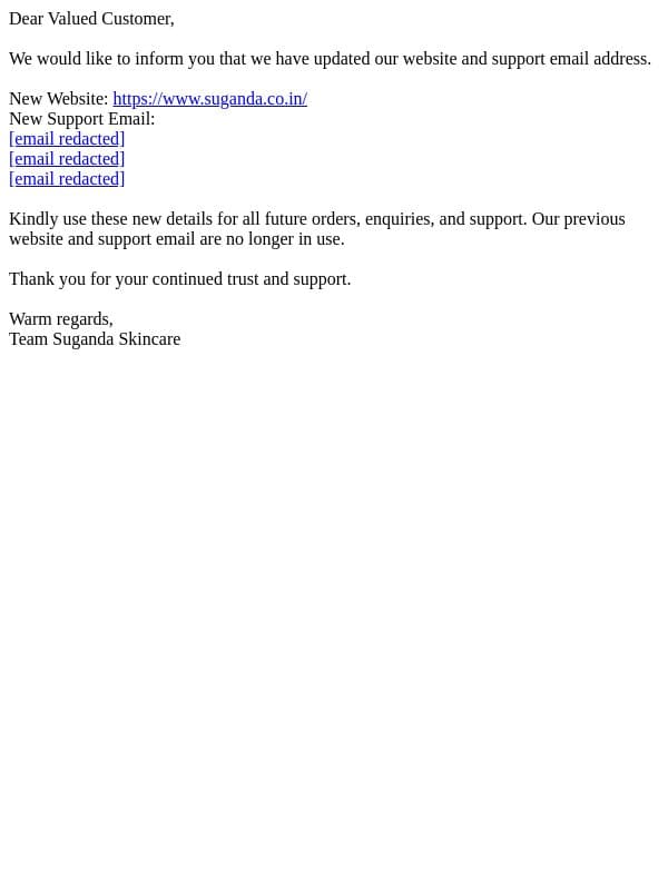 Important Update: New Website and Customer Support Contact Information email from Suganda screenshot
