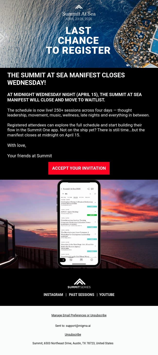 The Summit At Sea Manifest Closes Next Week email from Summit screenshot