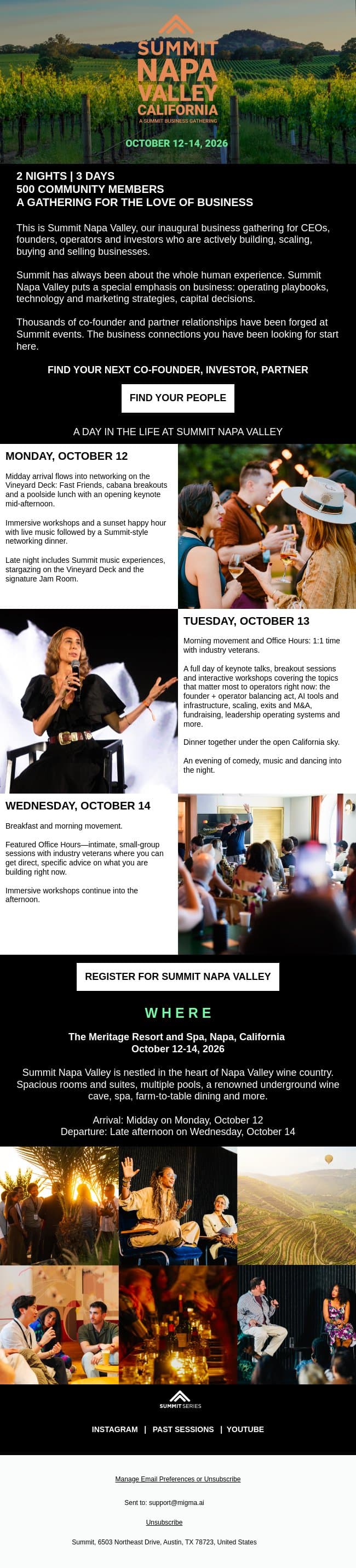 A Day In The Life At Summit Napa Valley | October 12-14, 2026 email from Summit screenshot