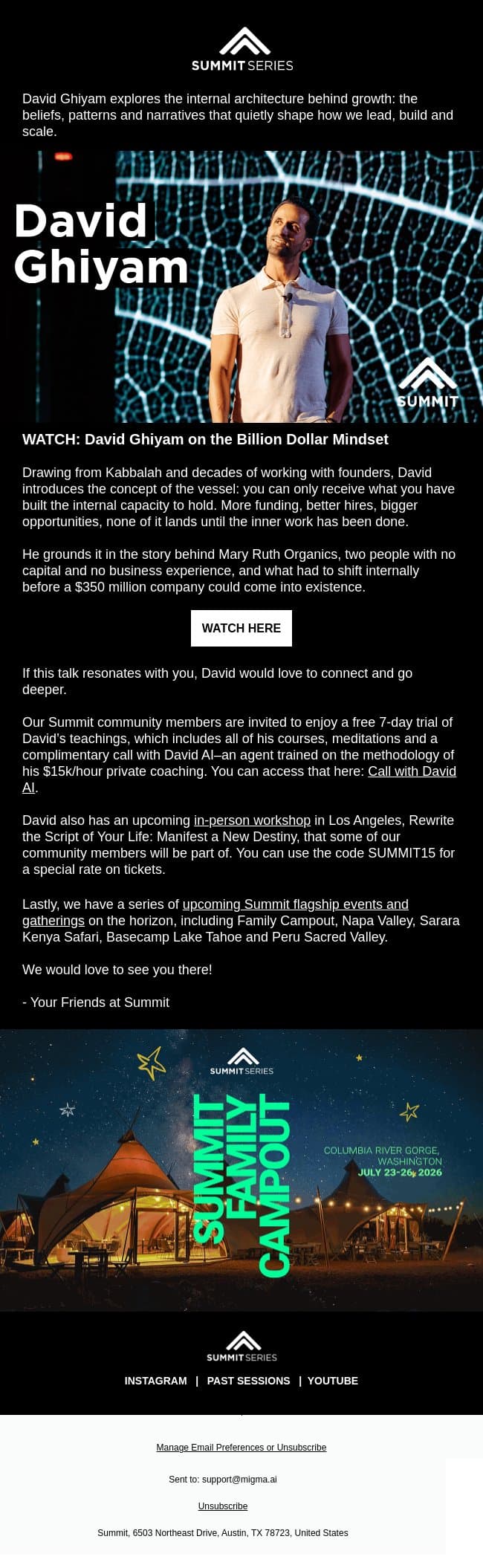 Learnings From The Summit Stage: Becoming the Founder Your Vision Requires email from Summit screenshot