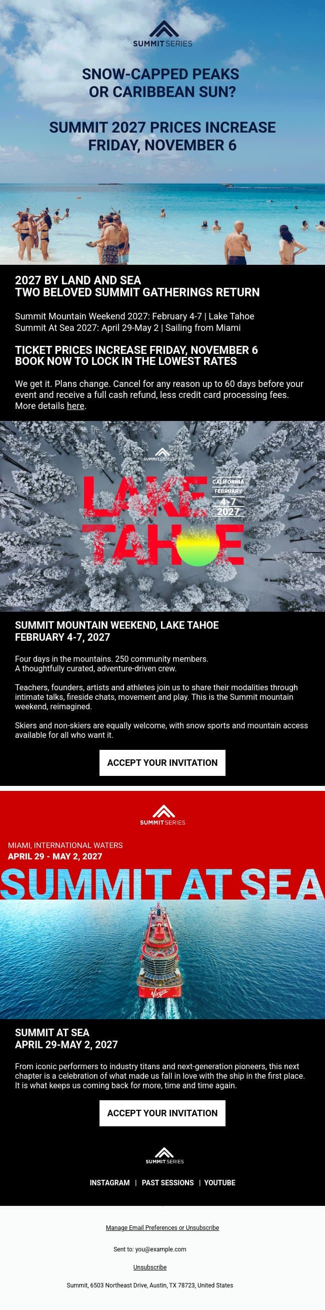 Summit Lake Tahoe + Summit At Sea 2027 Prices Increase November 6 email from Summit screenshot