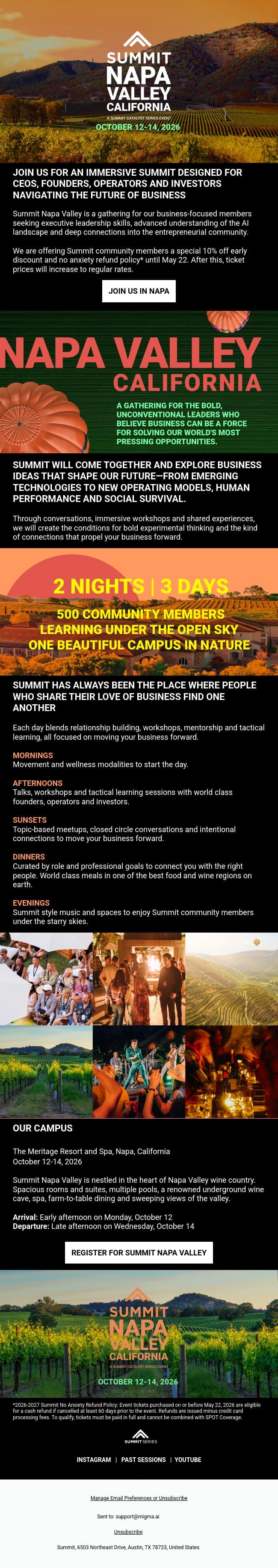 For the Love of Business - Summit Napa Valley | October 12-14, 2026 email from Summit screenshot
