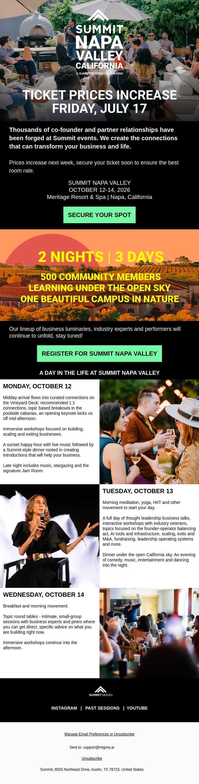Prices are going up! Book Summit Napa Valley by July 17 email from Summit screenshot