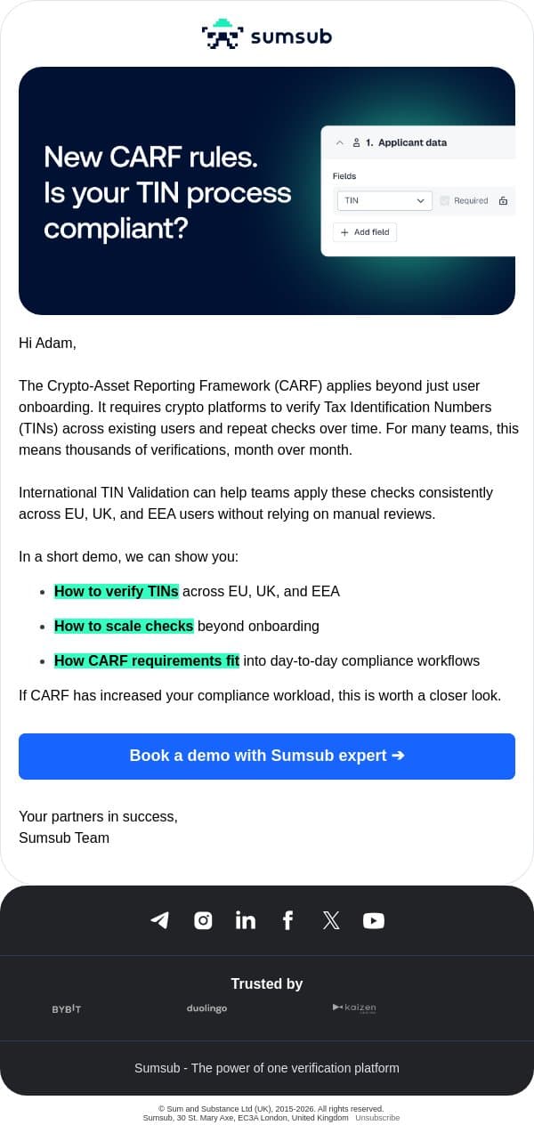 How to handle CARF-mandated TIN checks at scale email from Sumsub screenshot