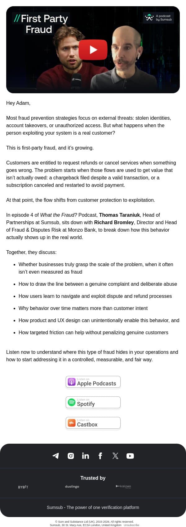 What to do when a real customer becomes a fraudster? email from Sumsub screenshot