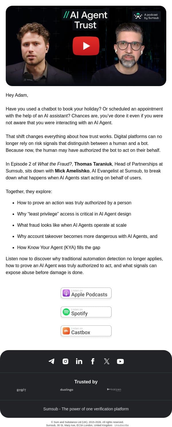 Can you trust AI agents with your money? email from Sumsub screenshot