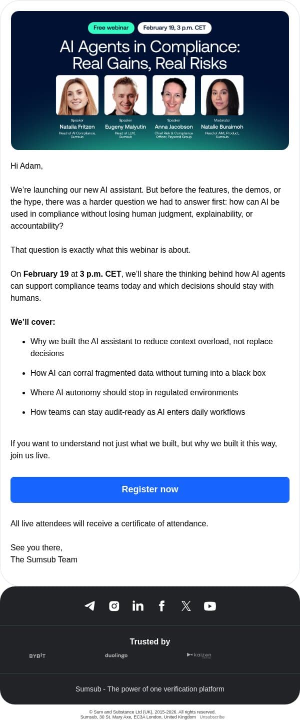 [Webinar] AI Agents in Compliance email from Sumsub screenshot