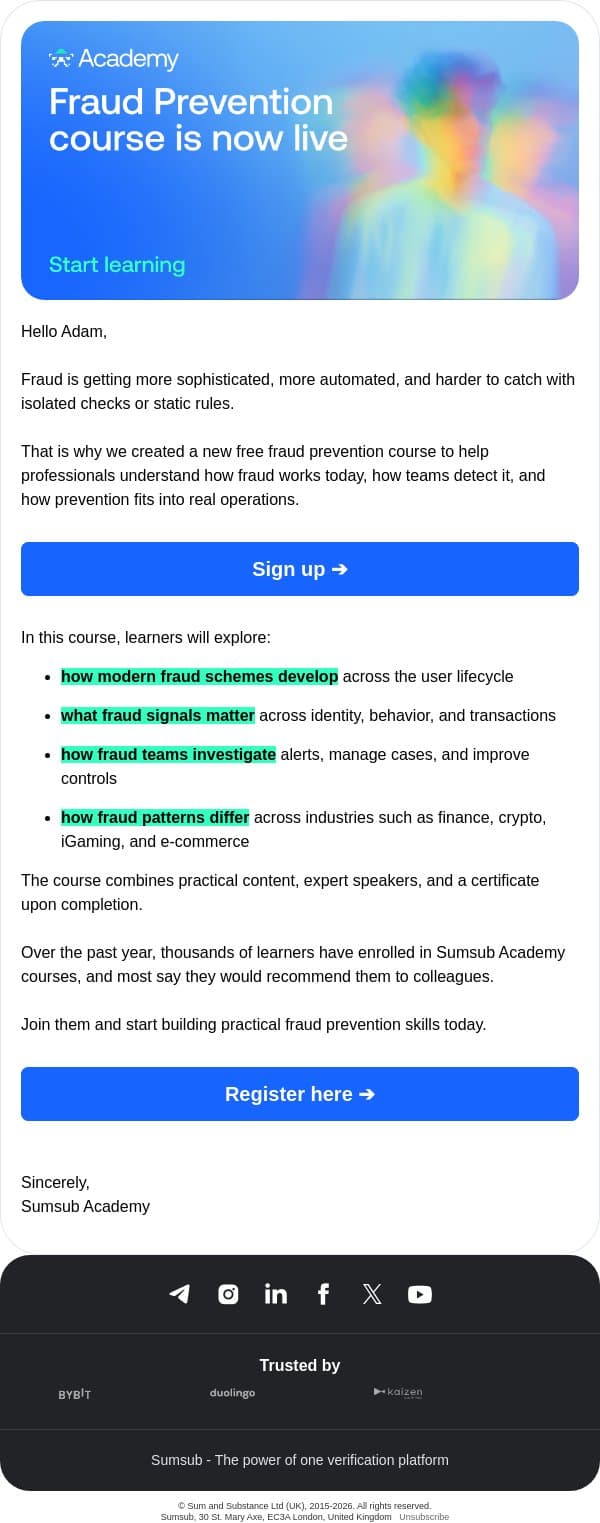 New Fraud Prevention course from Sumsub Academy email from Sumsub screenshot