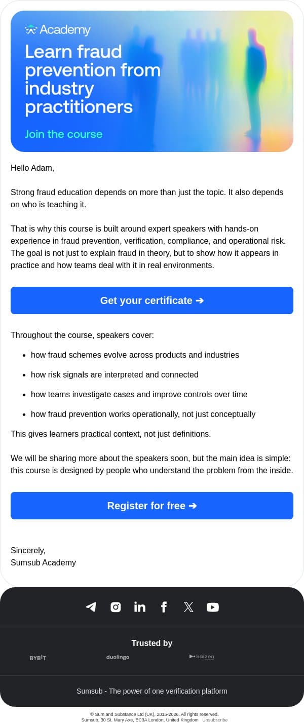 Meet the experts behind our fraud prevention course email from Sumsub screenshot