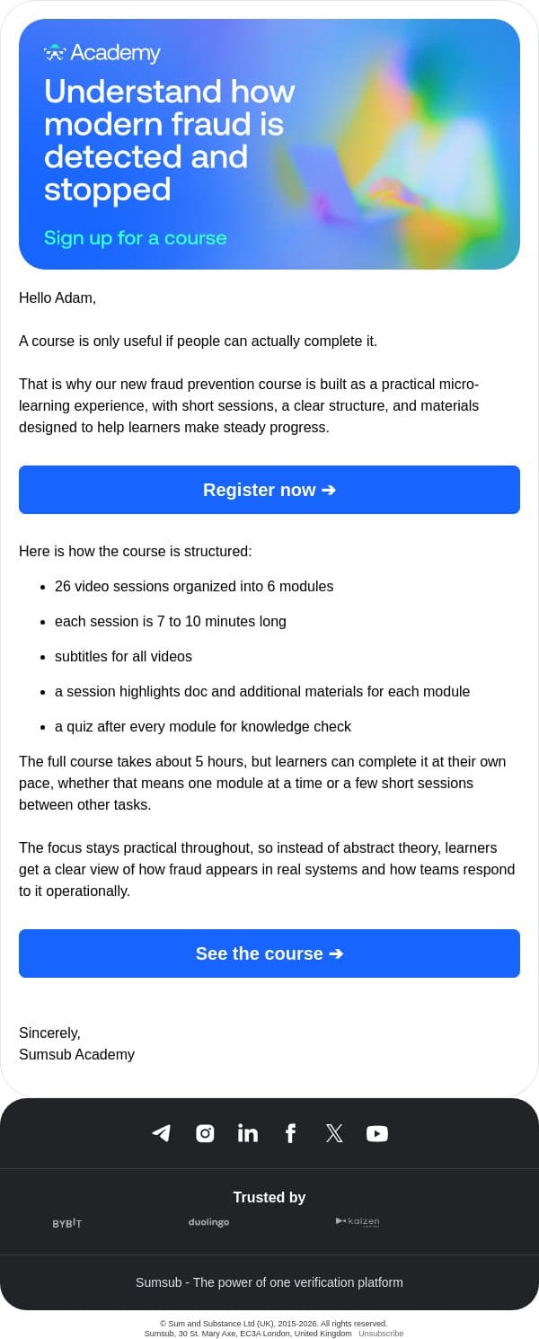 What is inside Sumsub Academy’s fraud prevention course email from Sumsub screenshot