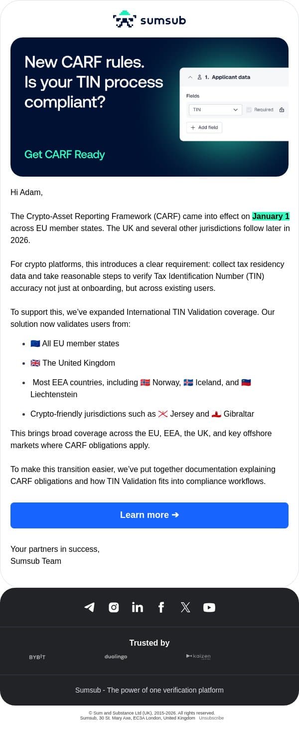 CARF is now live in the EU: Here’s what changes email from Sumsub screenshot