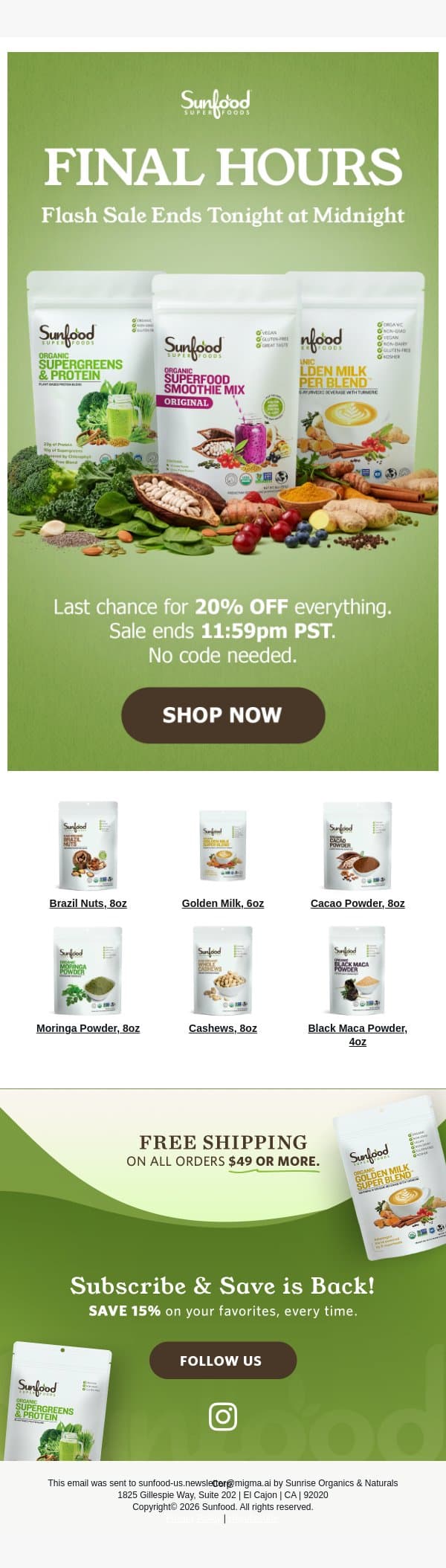 Final hours: Flash sale ends tonight email from Sunfood screenshot