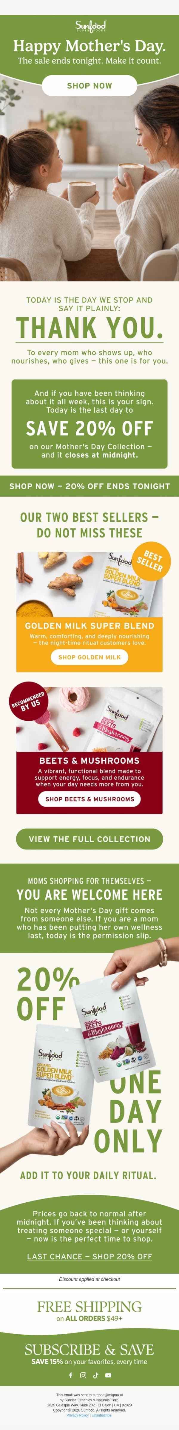 Happy Mother's Day. The flash sale ends tonight! 🌸 email from Sunfood screenshot