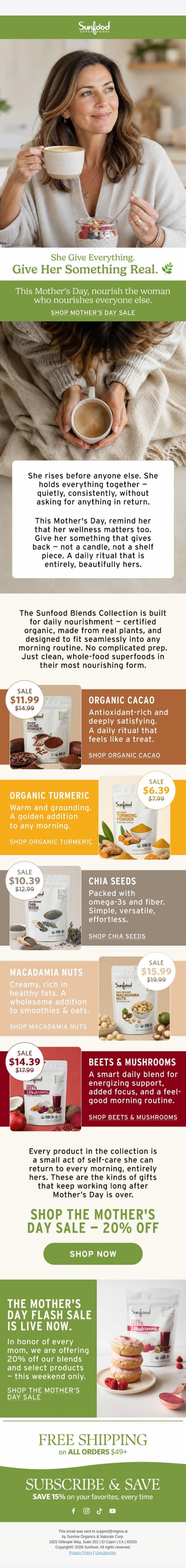 She nourishes everyone. Now it's her turn. email from Sunfood screenshot