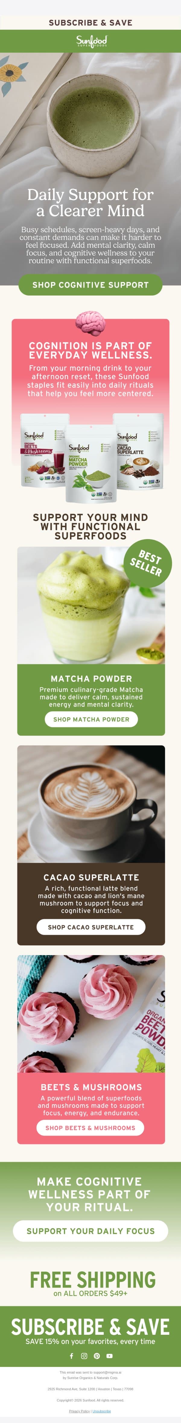 Meet superfoods for daily cognitive support email from Sunfood screenshot