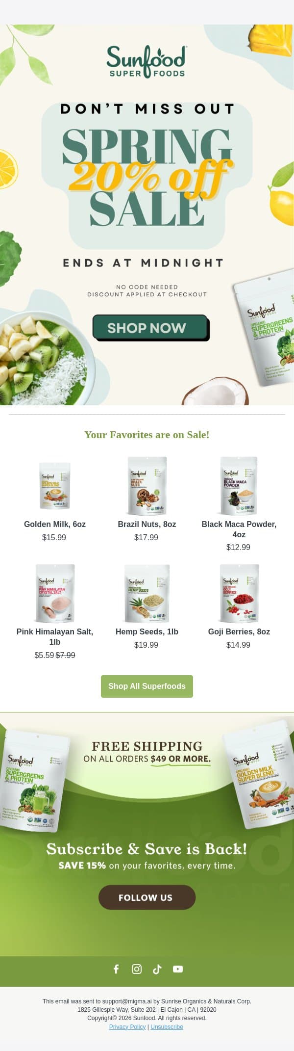 🚨 Last Day for 20% Off! 📣 email from Sunfood screenshot