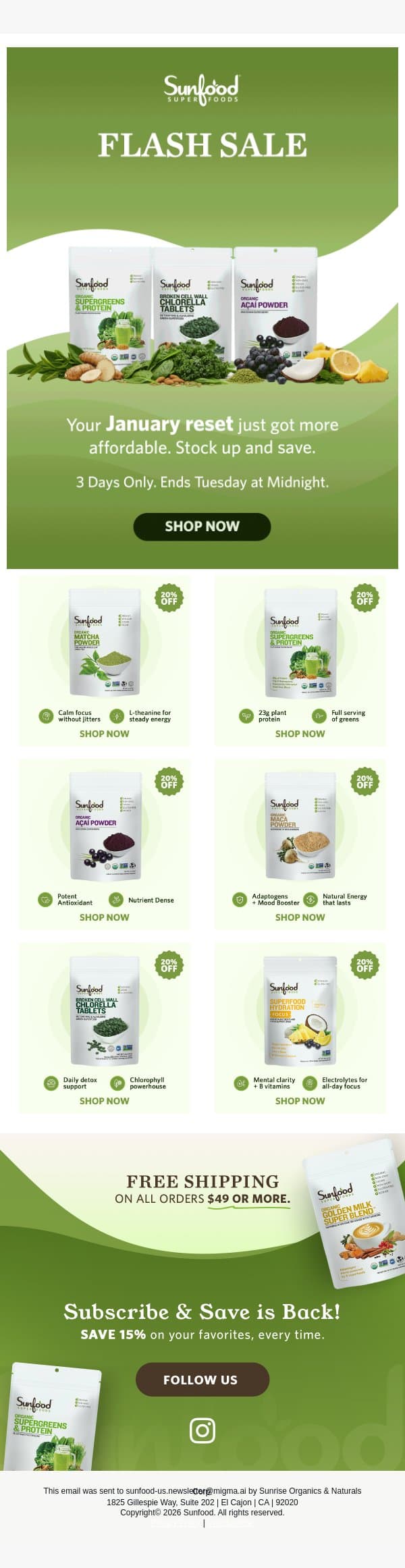 Flash sale: 20% off everything (ends Tuesday) email from Sunfood screenshot