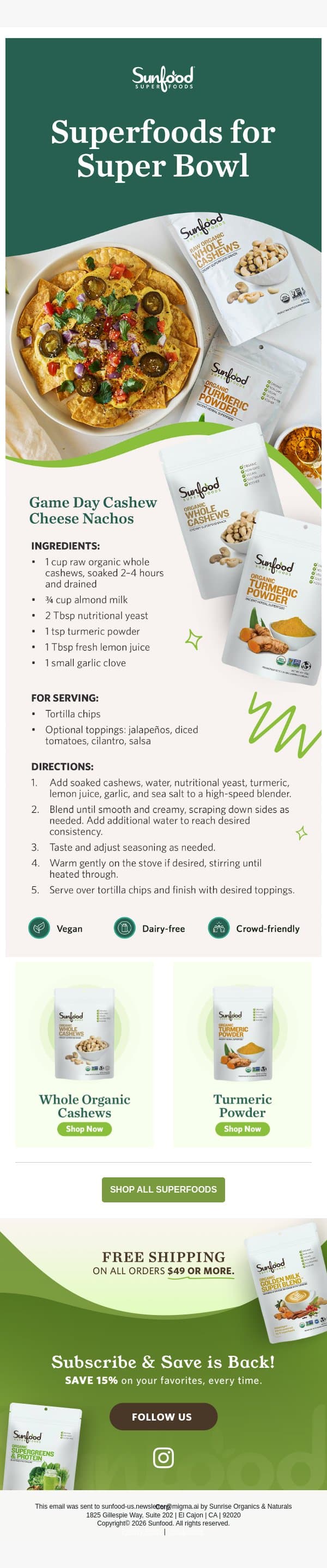Game Day Nachos, Upgraded with Superfoods email from Sunfood screenshot