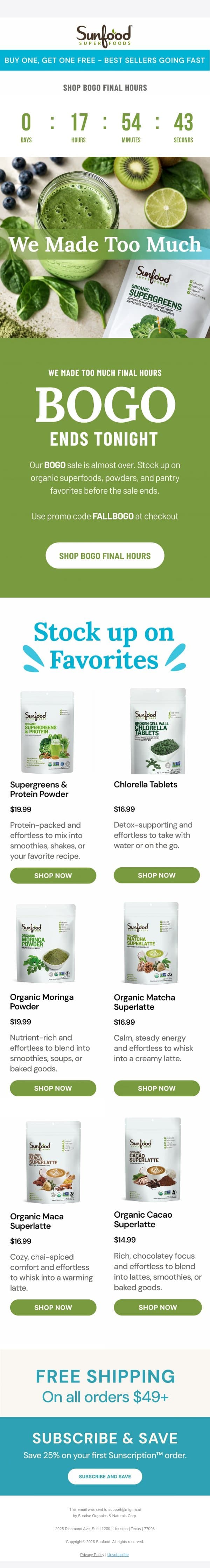 Final Hours: BOGO Ends Tonight email from Sunfood screenshot