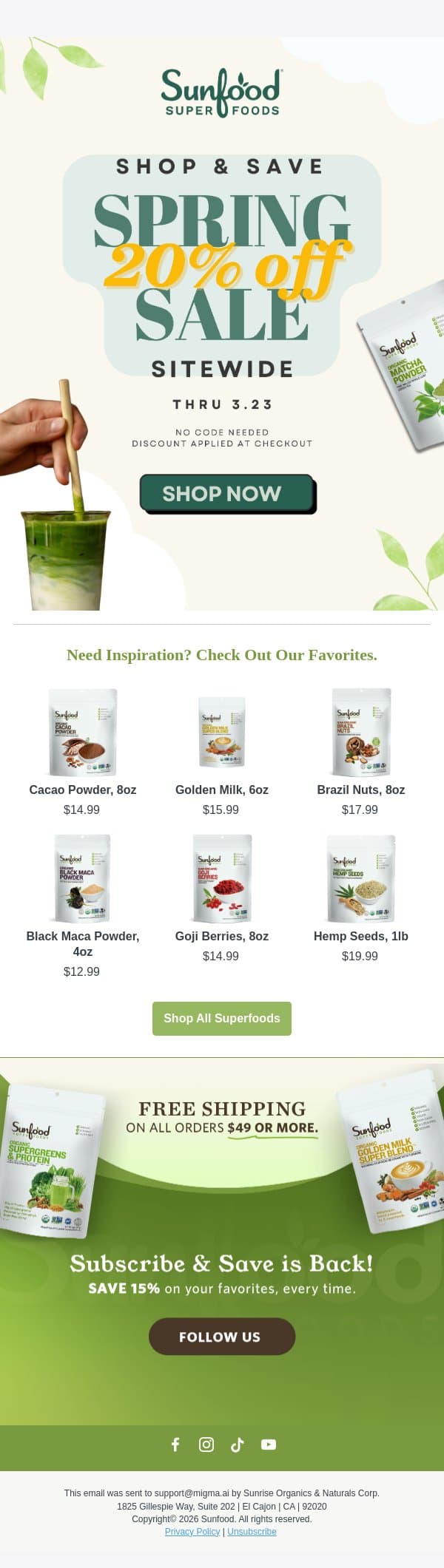 Shop the 20% Off Sale! email from Sunfood screenshot