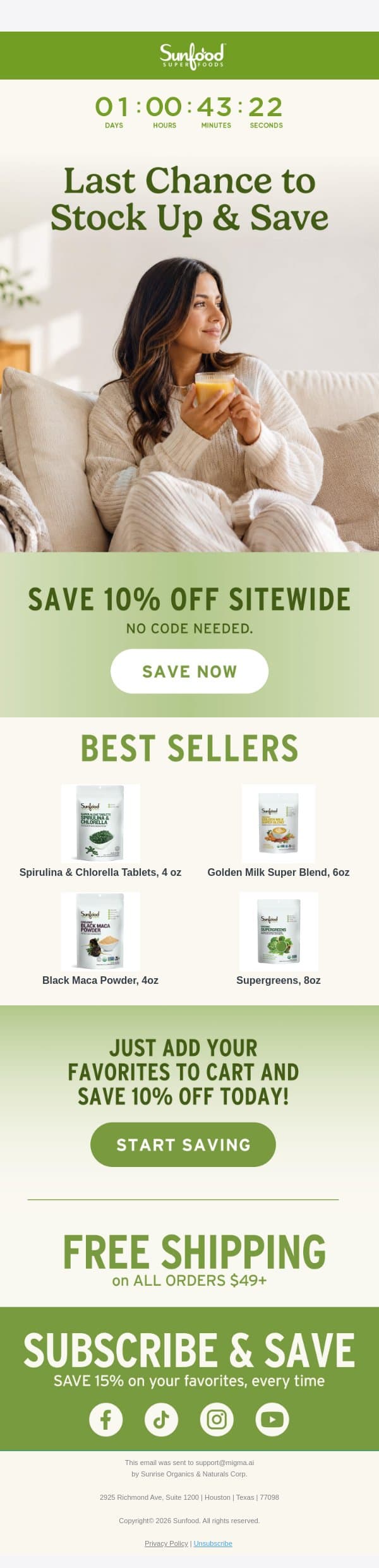 Hurry! Last chance to save 10% off everything email from Sunfood screenshot