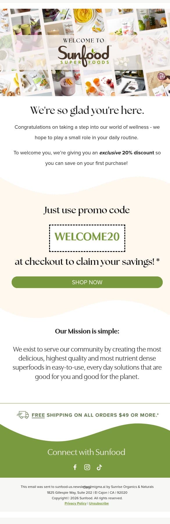 Kickstart Your Health Journey with 20% Off! email from Sunfood screenshot