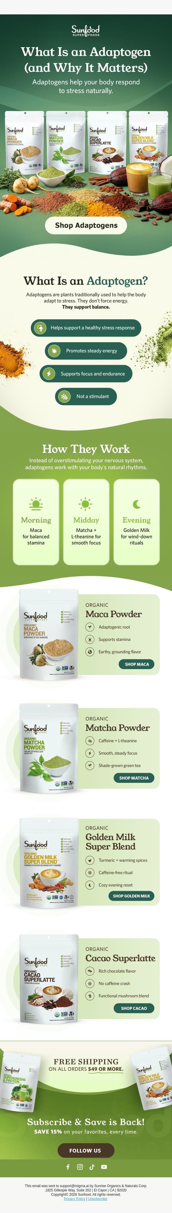 What is an Adaptogen? email from Sunfood screenshot