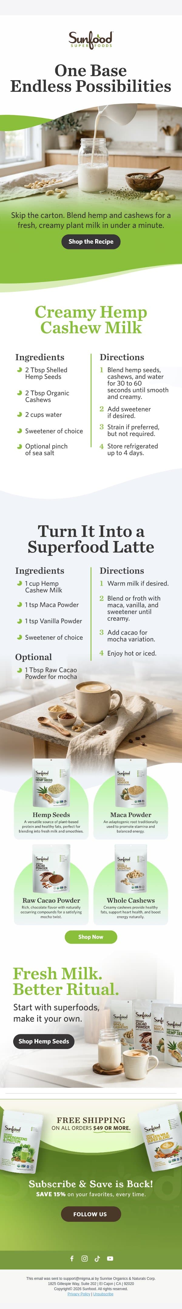 Make Your Own Creamy Plant Milk 🌿 email from Sunfood screenshot