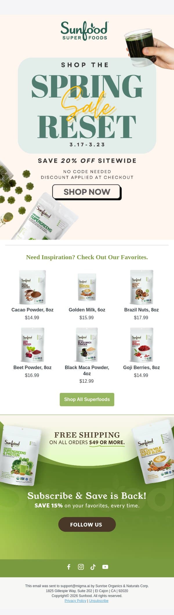 20% Off Everything - Shop Now! 🎉 email from Sunfood screenshot
