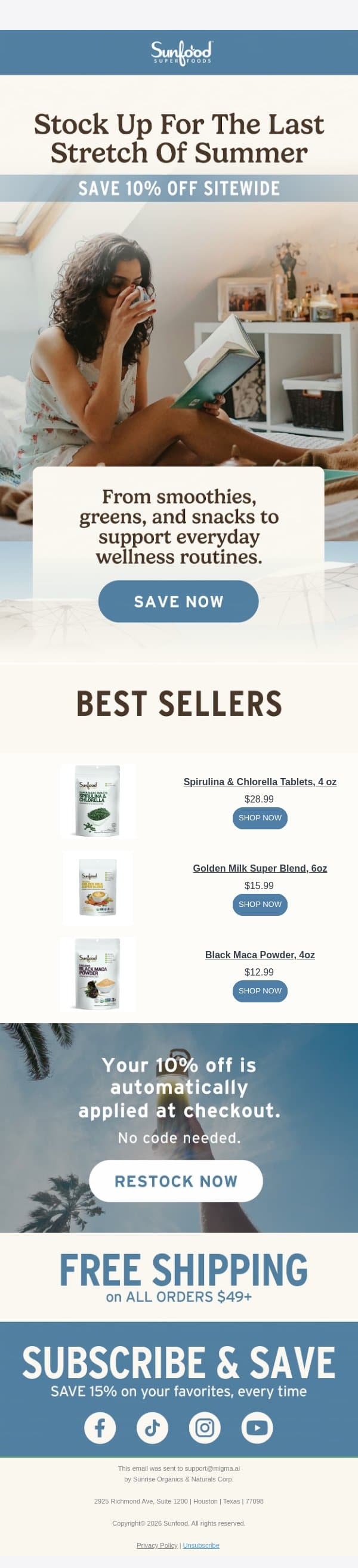 Stock up and save for the summer! 10% off sitewide email from Sunfood screenshot