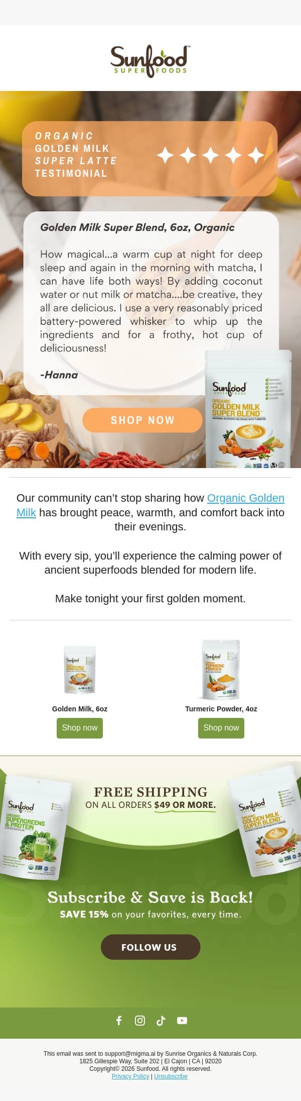 Unwind Tonight with Organic Golden Milk 🌙 email from Sunfood screenshot