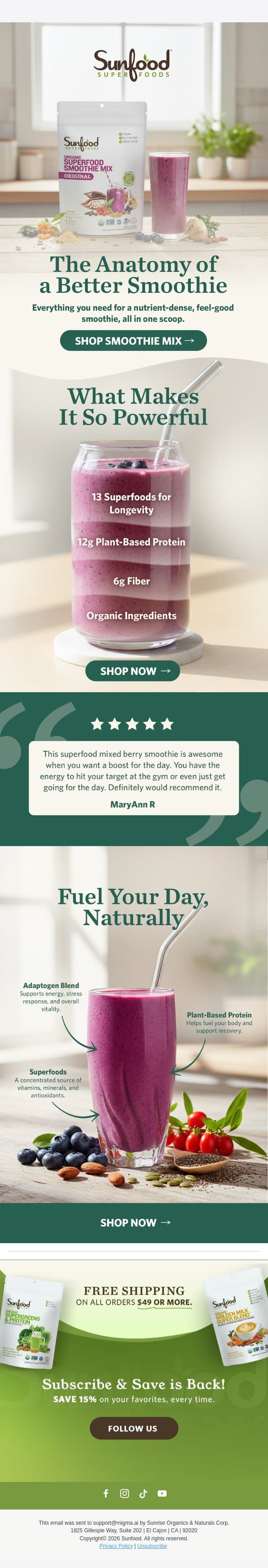 Elevate Your Smoothie Game! email from Sunfood screenshot