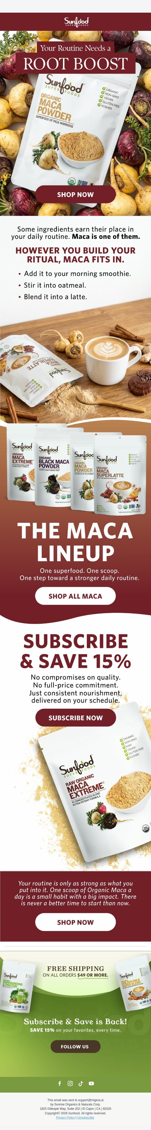 Small Scoop. Big Root Boost. email from Sunfood screenshot