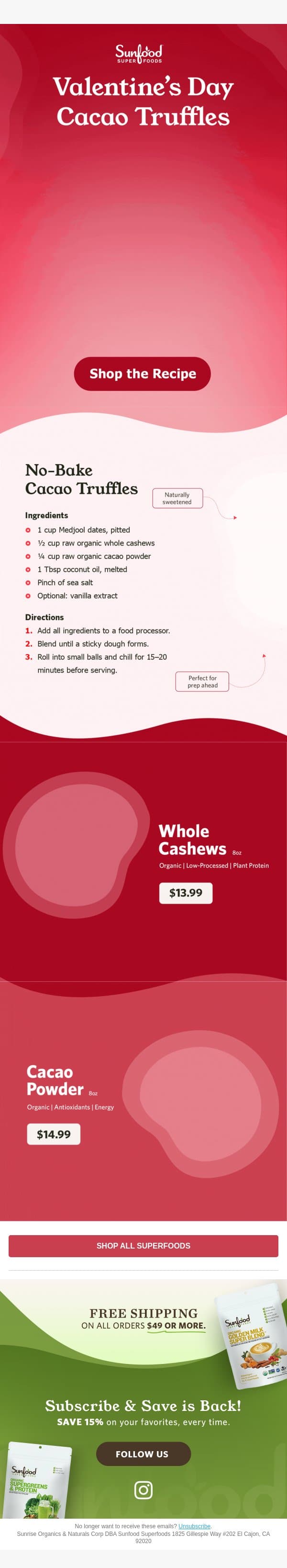 Valentine's Day Cacao Truffles email from Sunfood screenshot