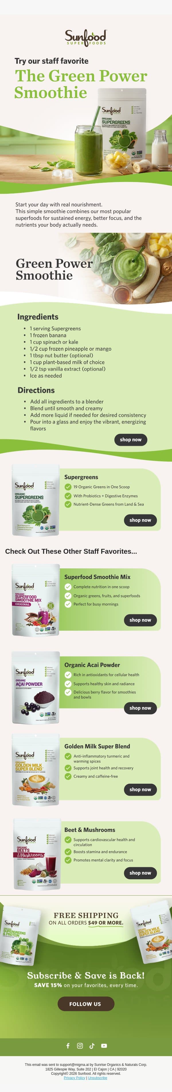 An Easy Green Smoothie Delight! email from Sunfood screenshot